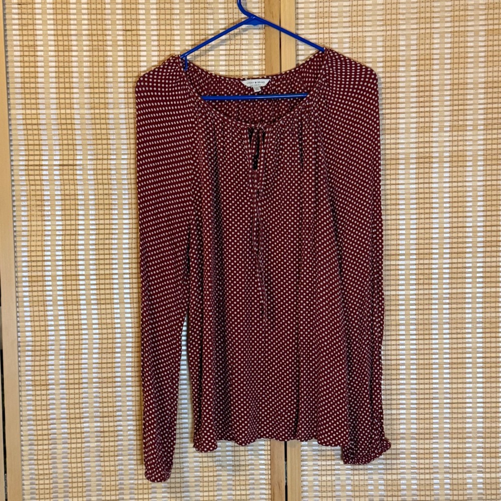 Lucky Brand Burgundy Polka Dot Long Sleeve Peasant Blouse Top Large Bohemian